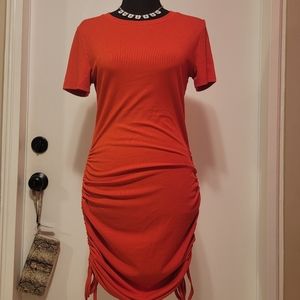 Red ruched adjustable length dress